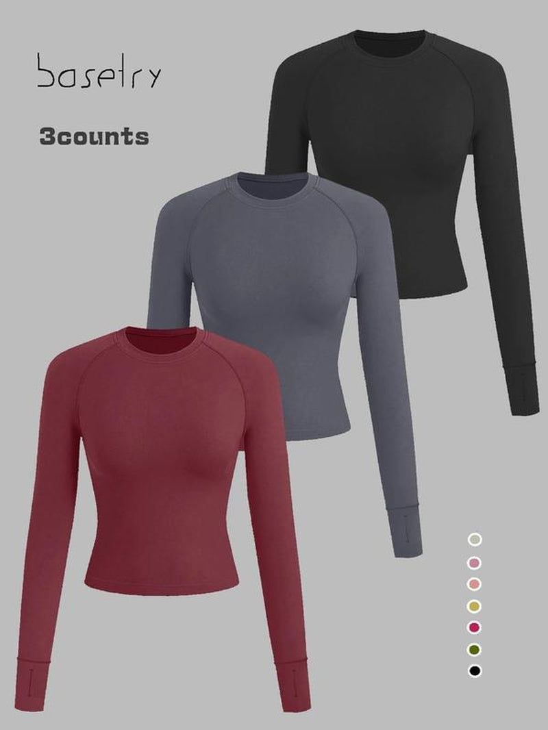 Women'S Solid Raglan Sleeve Thumb Hole Design Sports Tee, Breathable Comfortable round Neck Long Sleeve T-Shirt for Yoga Gym Workout, Ladies Activewear Sportswear for Fall & Winter, Athletic Workout Tops